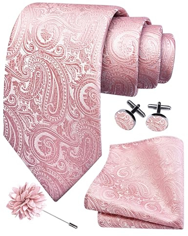 Gusleson Dusty Rose Tie for Men Wedding Silk Paisley Necktie Pocket Square Cufflinks and Lapel Pin Brooch Set (UK6103-33)