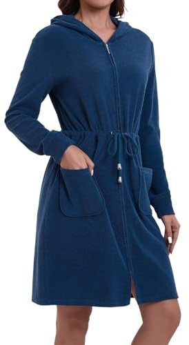 Mnamo Elegante accappatoio da donna con cappuccio e cerniera in spugna corto e leggero, Blu mare, S