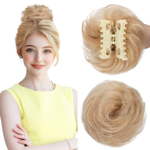 Silk-co Hårstycken äkta hår med klämma, 42 g hårstycke lockigt hårband med hår, hårsmycke damer mässing Bun hårdel, #18P613 gråblond mix blekblond