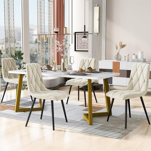 YAIXBNG Matgrupp, set 117 x 68 cm matbord med 4 stolar), rektangulärt matbord, modernt köksbordsset, matstol beige twill sammet köksstol, gyllene bordsben