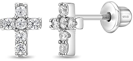 In Season Jewelry CZ Little Cross Kids Earrings - 925 Sterling Silver Hypoallergenic Earrings for Girls with Secure Screw Backs - Safe & Comfortable for Toddlers, Kids & Little Girls, Clear