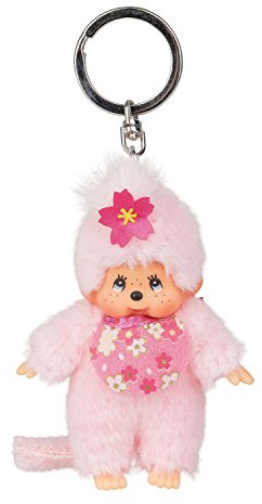 Sekiguchi 242467 - Original Monchhichi Mädchen Kirschblüte als Schlüsselanhänger, ca. 10 cm großer Anhänger aus rosa Plüsch für Rucksäcke, Taschen und Federmappen