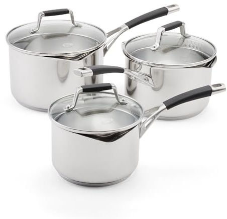 Stellar 3 Piece Draining Saucepan Set - Stainless Steel Cookware Set with Vented Draining Lids, Easy-Pour Rims & Internal Measurement Guides – Includes 3 Draining Saucepans, 16cm, 18cm, 20cm