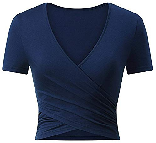 Uniquestyle dam V-hals kortärmad T-shirt topp Wrap toppar fjäder midja lös, Mörkblå, M