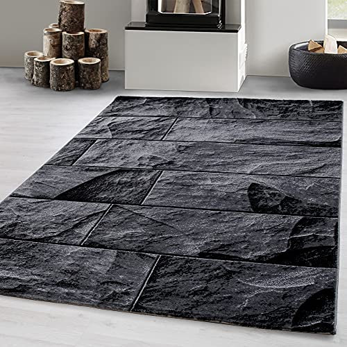 Carpetsale24 Teppich Wohnzimmer 160x230 cm Schwarz Modern Steinmauer Kariert Design Kurzflor Schlafzimmer Esszimmer Küche Jugendzimmer Waschbar Pflegeleicht Extra Weich