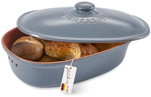 Römertopf Brottopf MAXI aus Naturton – Ovaler Brotbehälter zur Aufbewahrung von Brot & Brötchen – mit Belüftung für lange Frische – spülmaschinengeeignet – 40 x 28 x 20 cm – blau-grau