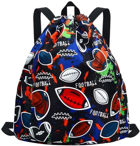 RHCPFOVR Drawstring Backpack for Kids - Football Bags for Girls Mini Gym Dance Beach Swim Travel Bag With Two Water Bottle Holder