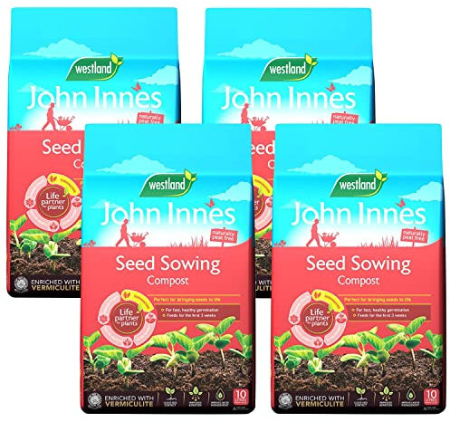 John Innes Seed Sowing Compost - Westland Peat Free Seeds Potting Compost 4 x 10L Garden Soil Bags with Topline Card for Outdoor & Indoor Plants, Vegetable Growing.