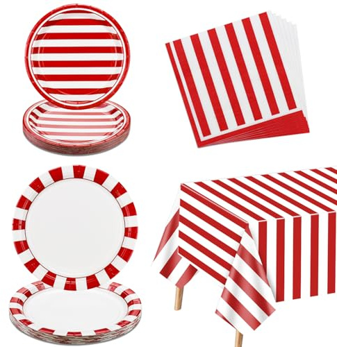 Accesorios de fiesta de circo para carnaval, decoraciones de fiesta de rayas rojas y blancas, 61 unidades, incluye platos de papel, servilletas, mantel de carnaval, para cumpleaños, baby shower