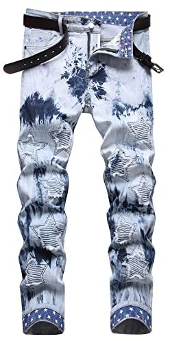 Baylvn Men's Skinny Biker Designer Ripped Five-Pointed Star Patched Patchwork Jeans,849 Light Blue,Size 40