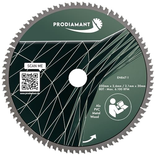 PRODIAMANT Lama per sega multiuso, 250 x 30 mm, per legno, alluminio, plastica e laminato con denti HM TCT per sega da tavolo e sega circolare