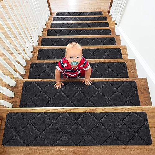 YISUN 15 PCS Stair Carpet, Non-Slip Carpet Stair Treads, Carpet Treads for Stairs Non Skid Rubber Backing Removable Washable Step Runners Perfect for Kids Elders and Pets