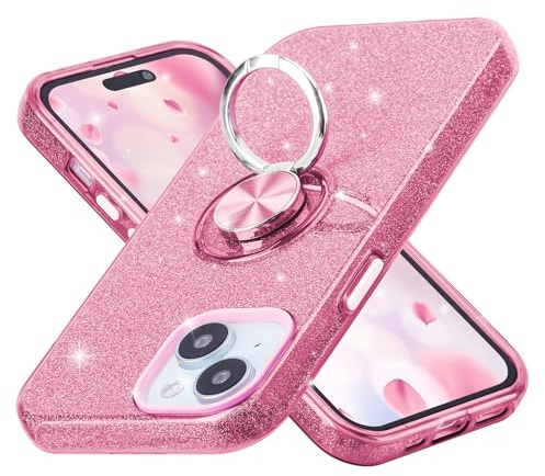 wisdompro Glitterfodral för iPhone 15/iPhone 14/iPhone13, Bling gnistrande fodral med 360° ringhållare, stativ, flickor, kvinnor, söt, skyddande telefonfodral för iPhone 15/14/13 (6,1 tum) – rosa