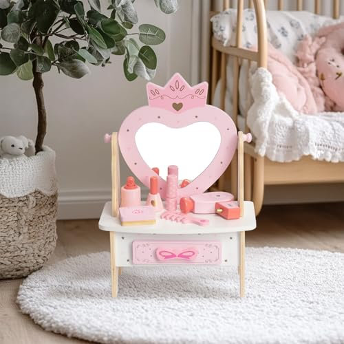 WOODENFUN Schminktisch aus Holz für Mädchen mit 7pcs ausgestattet, 360° drehbare Acrylspiegelschublade, rosa Schminktisch für Kinder