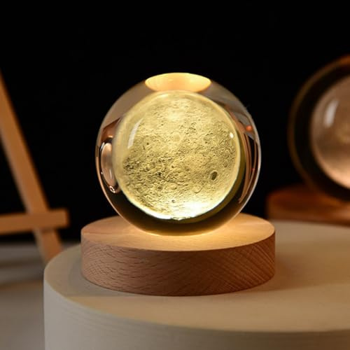 LXLUOO Sfera di cristallo 3D, 60 mm, sfera decorativa in vetro di quarzo con base in legno, decorazione per la casa, regalo per donne, amiche e ragazze (luna)