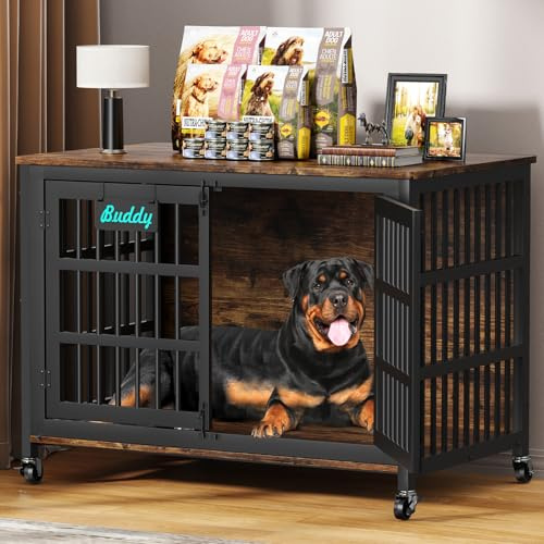 EasyCom 48/42/33 Dog Crate Furniture with Name Tag, Heavy Duty Dog Kennel Indoor for Large Dogs, Escape-Proof and Chew-Proof Dog Cage for high Anxiety Dog, Decorate House as TV Stand, End Table