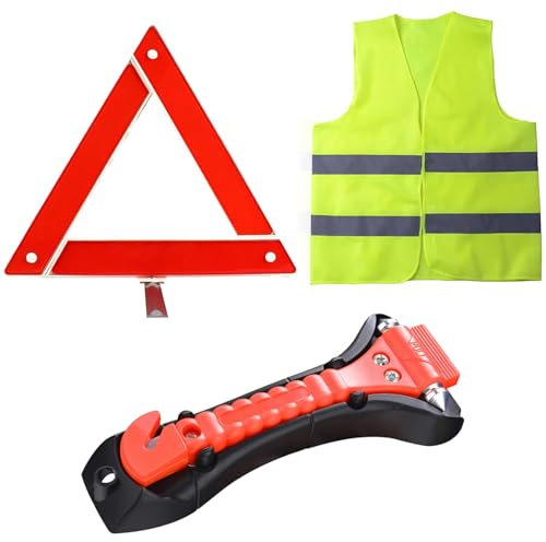 Ksvaye 3in1 Warndreieck kfz Verbandskasten Warnweste Erste Hilfe Set mit Gurtschneider Notfallhammer Auto Faltbares Pannendreieck Auto österreich Platzsparend Stabil mit Aufbewahrungskoffer