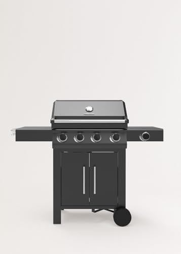 CREATE/BBQ GAS BURNER PRO/Barbacoa de gas con 4 quemadores y 1 lateral/Fácil encendido, gran superficie de cocinado, parrilla lateral, mesa auxiliar plegable, rejilla de calentamiento, 17kW