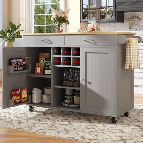 Doyisy Isla de Cocina con Ruedas 102×45×92cm,Carro de Cocina,Isla de Cocina con Mueble y Mesa,Aparador con 2 cajones y 2 Puertas,Vagón Comedor con Vetas de Madera,Gris