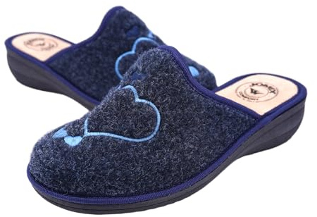 JOMIX Chaussons Femme Hiver Confortables Pantoufles à Talon Compensé en Feutre avec Cœurs Brodés Chauds Doux Maison Antidérapants Fabriqués en Italie ITD2412 Bleu 38