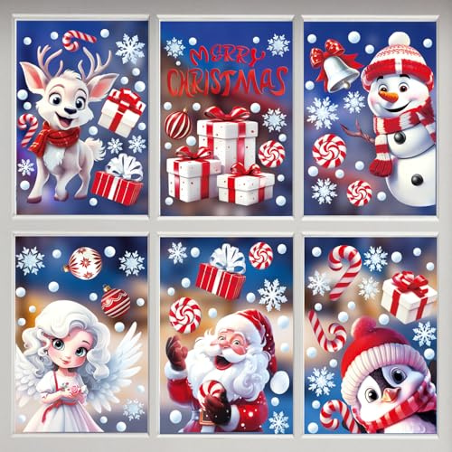 FINGOOO Christmas Window Stickers, 152 Pieces Double-Sided 3D White& Red Window Clings Assorted Santa Reindeer Snowman Xmas Bubbles Snowflakes for Christmas Windows Decoration