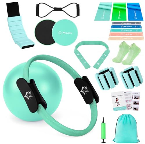 Muuruu Pilates Equipment Kit for Home Workout, Pilates Ring and Ball Set for Women, 14'' Magic Circle Essentials Accessories Kit, Wrist Weights, Resistance Bands, Yoga Strap, Socks, Bag Green