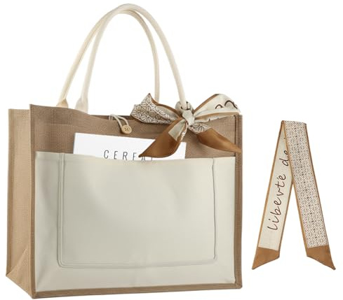 RoxNvm Jute Shopping Bag, Natural Jute Burlap Tote Bag with Scarves, Large Reusable Portable Jute Bags with Waterproof Lining, Personalised Beach Bag for Sundries Storage Shopping DIY Craft (A)
