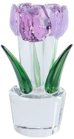 Ausi Crystal Tulips Figurine Glass Ornament Gifts Ornament for Christmas Anniversary (3 Purple Flowers)