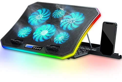 TopMate C12 Base Refrigeradora Portatil Gaming RGB para Escritorio y Regazo, Refrigeración para Portátiles de 15,6-17,3, 8 Alturas Ajustables con 6 Ventiladores y Soporte Teléfono-Luz LED Azul Hielo