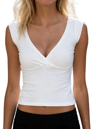 Yoisdtxc Women Sexy Low Cut Wrap Top Short Cap Sleeve Slim Fitted Crop Tops