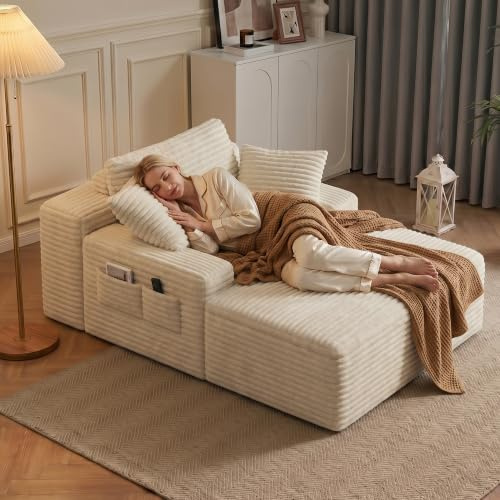 Xbro Schlafsofa Cord mit Chaiselongue, Recamiere mit Schlaffunktion 102 x 150 x 61 cm, Übergroßes Cloud Bodensofa mit 3 Kissen und Seitentaschen, Keine Montage, Beige