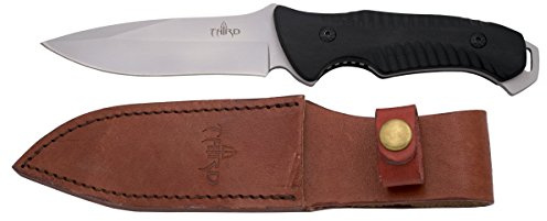 THIRD Cuchillo de Caza H0738BK, con Hoja de Acero de 12,5 cm Acabado Satinado, Mango de pakkawood en Negro. Incluye Funda de Piel.
