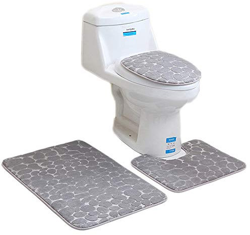 rutschfeste 3 Badteppich Set Super Soft Badteppich und WC Vorleger Memory Foam Pebble Dusche Matte Schnell trocknend Badezimmer Matte Teppich, U-förmigen Contour Matte und WC-Sitz Bezug,Grau