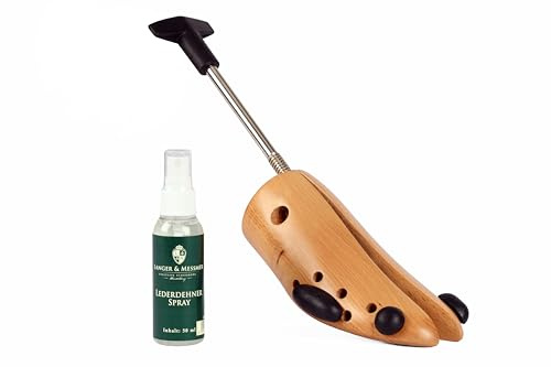 Langer & Messmer Schuhdehner für Damen gegen drückende Schuhe - gefertigt aus massivem Buchenholz und Mechanik aus Metall - Dehnt in der Weite inkl. Lederdehnerspray 50ml