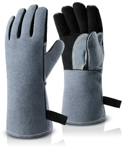 OZERO 932°F Heat Resistant Mig/Stick Welding Gloves 14 inches Cowhide Leather - Long Sleeve and Insulated Lining Barbecue Glove for Tig Welder/Grilling/Oven/Stove Black-gray