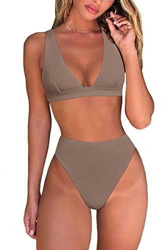 Fatty Tiger Womens High Waisted Thong Bikini Sets Sexy Brazilian Triangle Top Deep V Neck Two Piece Swimsuit Bathing Suits, Coffee, XL
