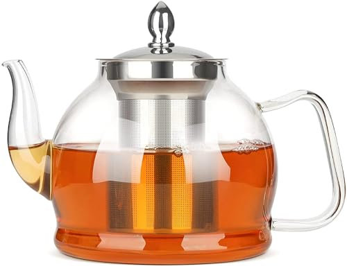 1.2L Glass Teapot with Infuser, Tea Pot, Teapots, 1200ml Tea Pots, Borosilicate Glass Teapot for Stovetop Safe, Tea Pot for Tea, Blooming Tea, Loose Tea, Flowering Tea