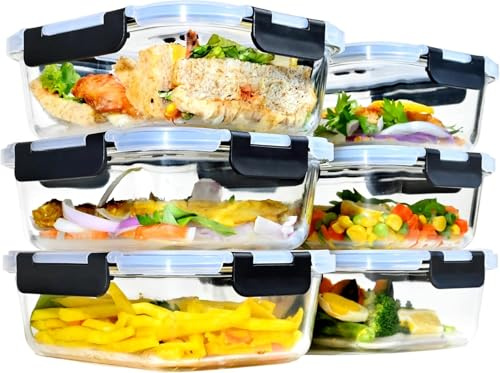 Hcrvvi Glass Containers with Lids - Food Storage Containers 6Pcs, Upgraded Snap Locking Lids, Airtight Meal Prep Containers Set, Food Containers 1040ml, BPA Free, Meal Prep Containers Reusable Glass