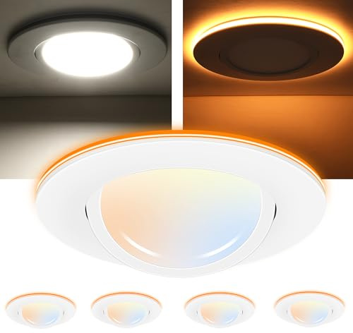 CLOUDY BAY [4 Pack] 6 inch 5 Color Swivel LED Gimbal Recessed Light with Night Light,12W CRI80+ 950LM,2700K/3000K/3500K/4000K/5000K，Canless Angled Adjustable Ceiling Downlight, White Finish