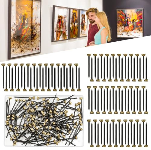 MININUSI 120 Pcs Clavos para Colgar Cuadros 25mm Clavos de Pared para Colgar Cuadros Chinchetas Cuadros Pared Chinchetas Cuelga Cuadros Clavos Dorados Decorativos Clavos Laton Cabeza Redonda, Vintage
