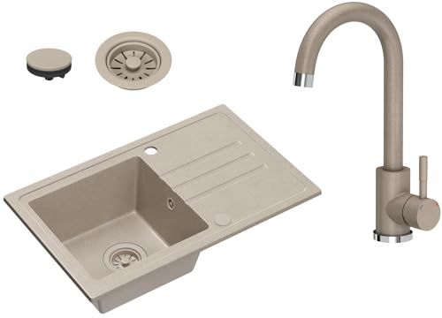 VBChome Handfat beige granit med armatur 70 x 44 cm enkelhandfat inbyggd diskbänk spräcklig reversibel granitdiskbänk beige vattenfall, tvättställ, beige armatur