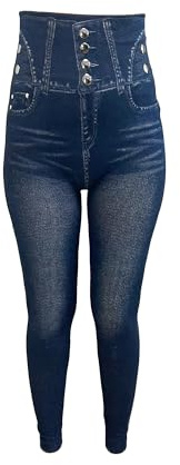 JYC Creative 1 Legging Thermique Faux Jean pour Femme, Pantalon Thermique, élastique et Confortable, avec Doublure Polaire, Legging Chaud pour Femme, Thermique, Bleu - Taille Haute, Taille
