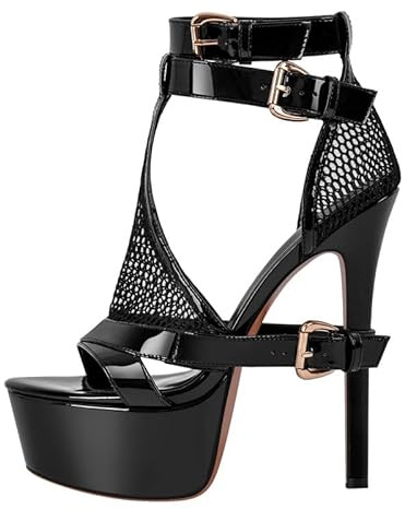 MissHeel Round Toe Mesh Material Pumps Shoes Double Buckle Strappy Stiletto High Heels with Grommets Belts Bands Patent Pumps Shoes Black Size 10