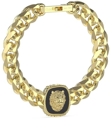 GUESS Herren-Armband aus der Kollektion Lion King. Das Armband hat als Symbol L�we und hat die Gr��e: L. Das Armband hat die Farbe Gold und Schwarz. Die Referenz lautet: JUMB04001JWYGBKL