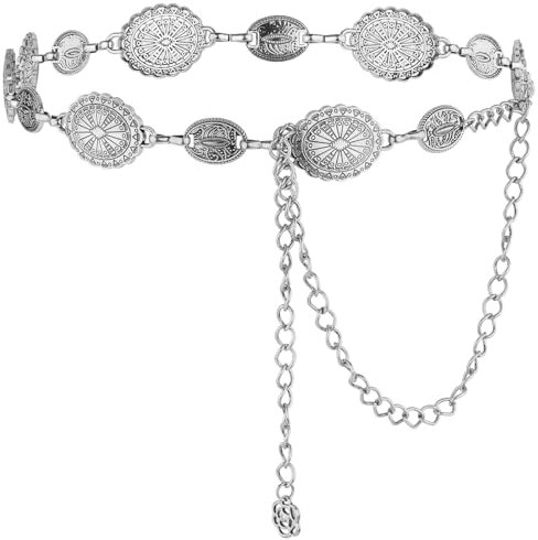 GEEHUA Concho Kettengürtel für Damen, Verstellbarer Gürtel Kettengürtel Taillenkette Gürtel Western Cowgirl Hüftgürtel Hüftkette für Kleider Konzert Outfit(Silber)