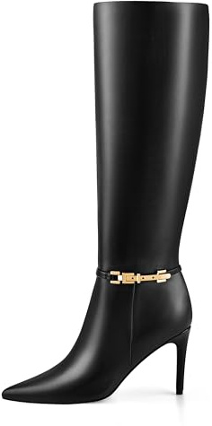 MIRAAZZURRA Botas de tacón de aguja para mujer Botas largas Dedo de punta alta Botas de tacón alto para mujer Botas altas hasta la rodilla Botas altas de cuero PU para oficina Fechado viajar, Negro ,