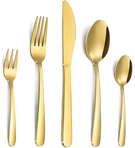 Bestdin set de couverts 6 personnes dorés, 30 pièces en acier inoxydable, set de couverts avec couteau, fourchette, cuillère, couverts en acier inoxydable de haute qualité, lavable au lave-vaisselle.