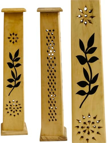 Rushant Wooden Incense Holder, Dark Brown Pyramid Tower with Ash Catcher, Sheesham Wood, 31x6.5x5.5 cm, for Cone and Stick Incense (Flower Jali Tower)