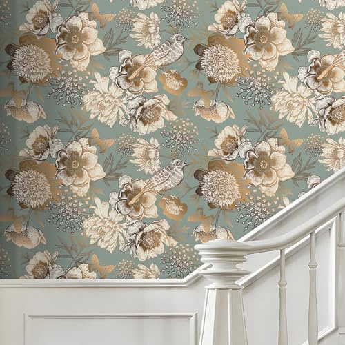 LACHEERY 44.5cm x 700cm Carta da Parati Adesiva Muro Verde e Oro Floreale Uccelli Vintage Pellicola Adesiva per Mobili Camera da Letto Soggiorno Autoadesiva Impermeabile Vinile Carta Parati Fiori
