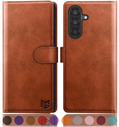 SUANPOT compatible with Samsung Galaxy A26 case with [RFID Blocking][Credit Card Holder],PU Leather Flip Book Protective Cover Women Men for Samsung A26 Phone case Light Brown